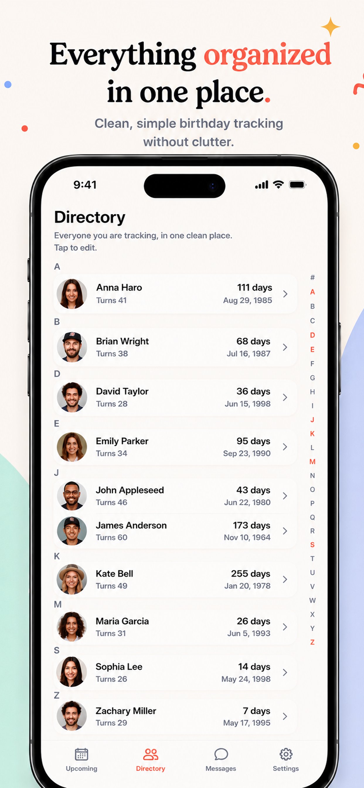 Belio directory view with A to Z alphabetical scroll