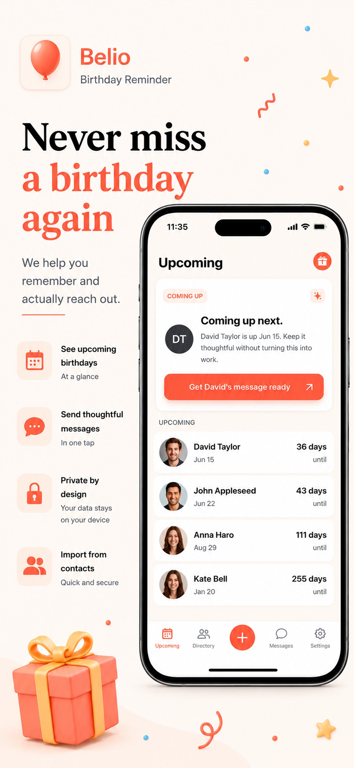 Belio app showing upcoming birthdays and the next person to wish