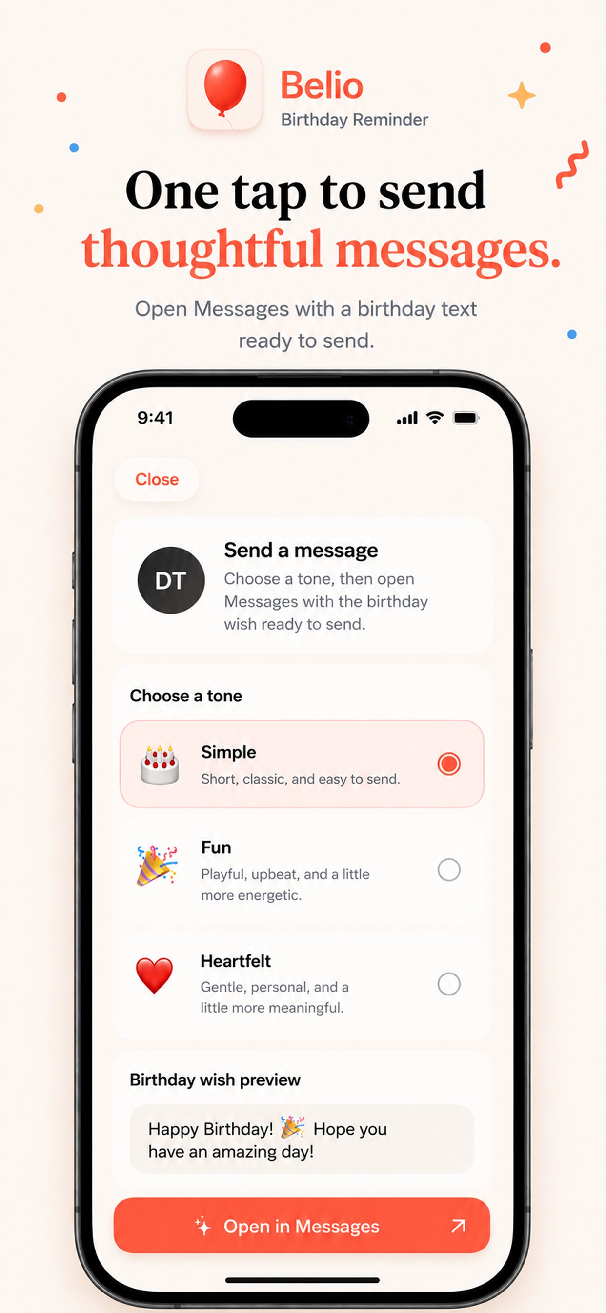 Belio message composer showing Simple, Fun, and Heartfelt tones
