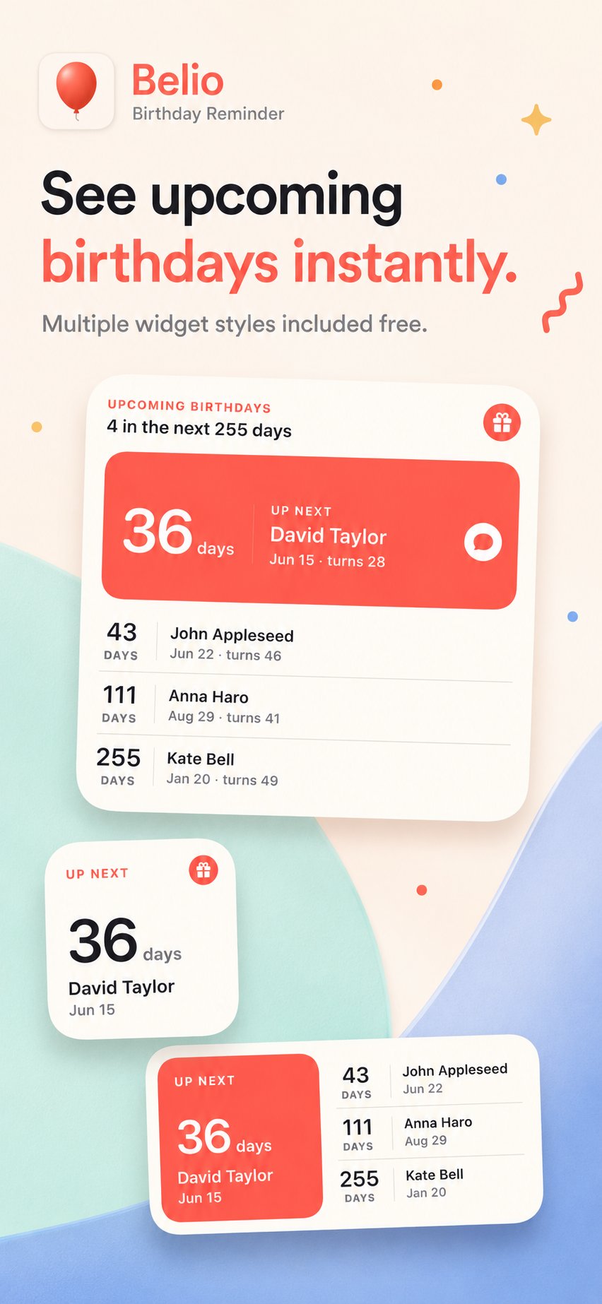 Belio home screen widgets in three sizes