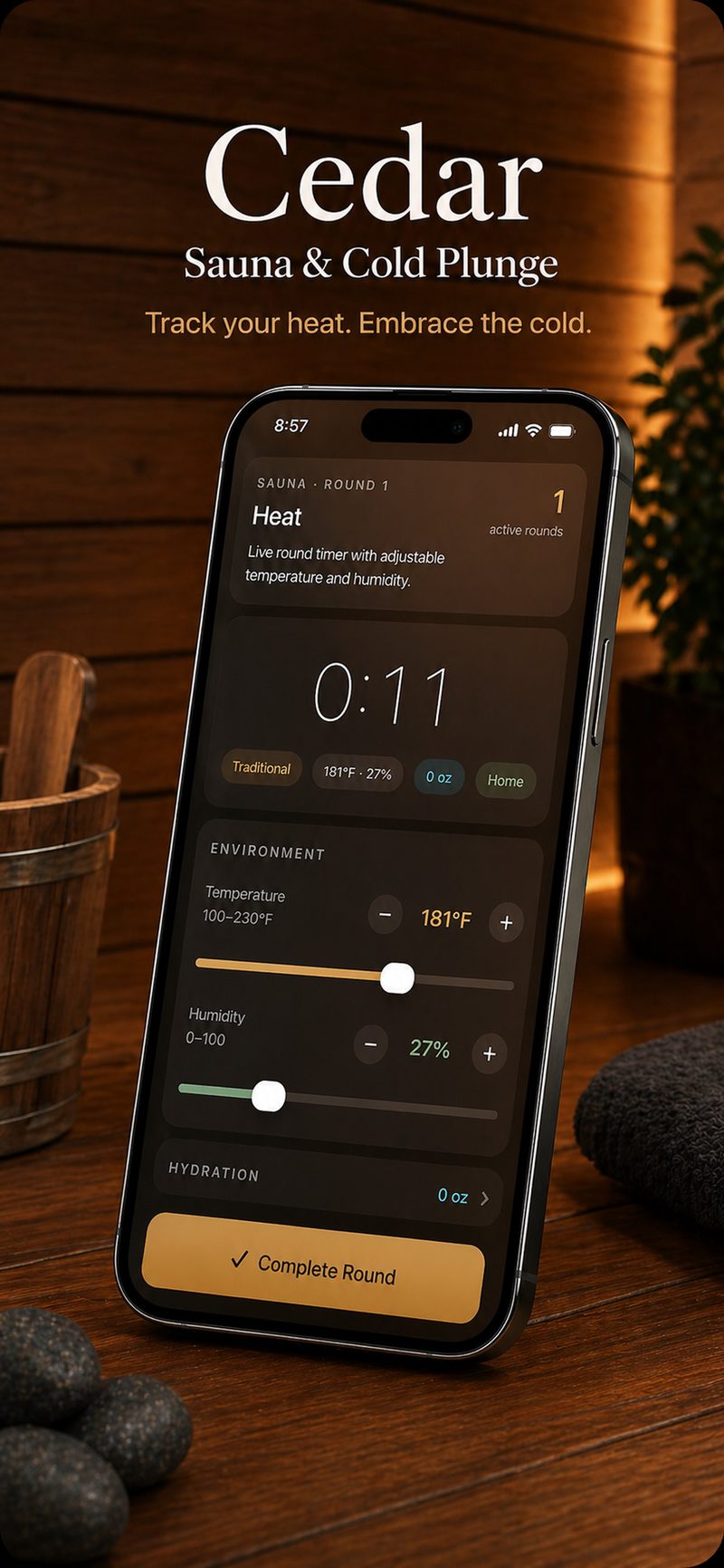 Cedar app showing active sauna session with temperature and humidity controls