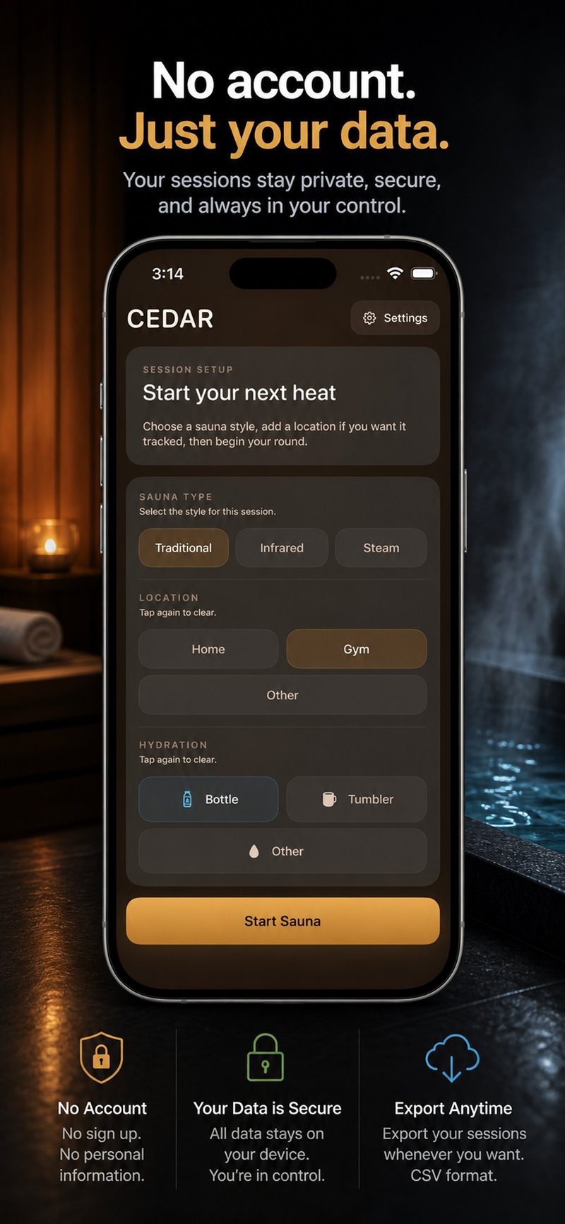 Cedar session setup with sauna type, location, and hydration selection