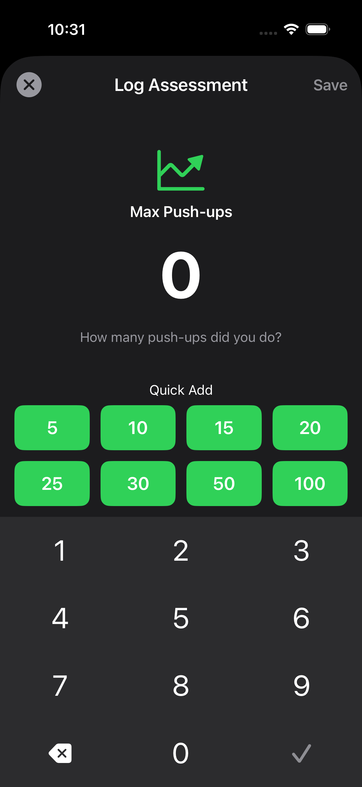RepsDaily assessment screen for max push-ups