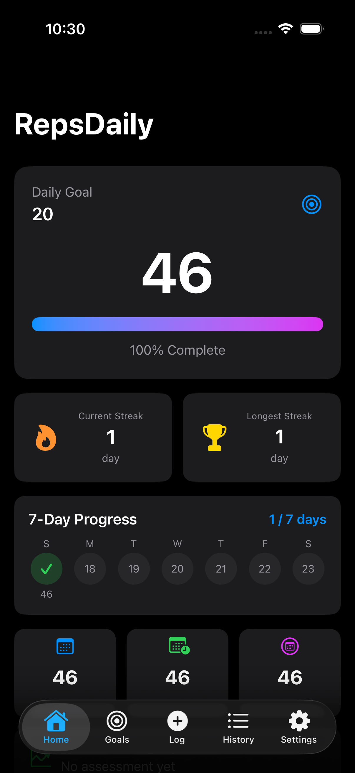RepsDaily home dashboard with goal progress and streaks