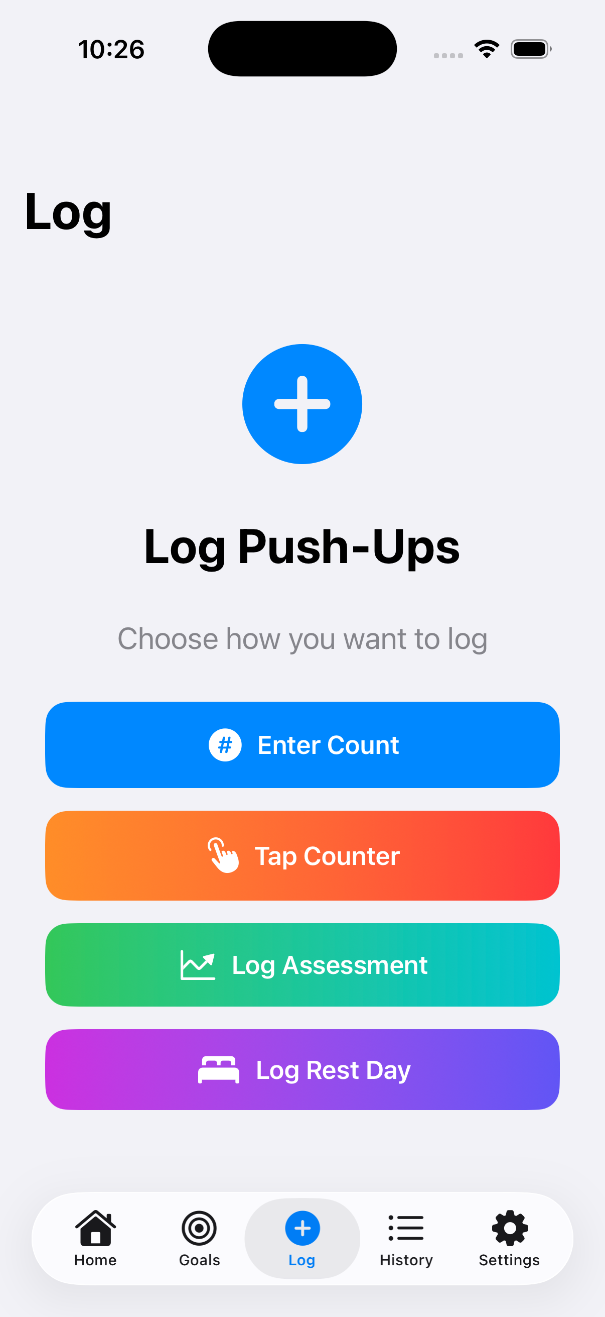 RepsDaily log screen with logging options