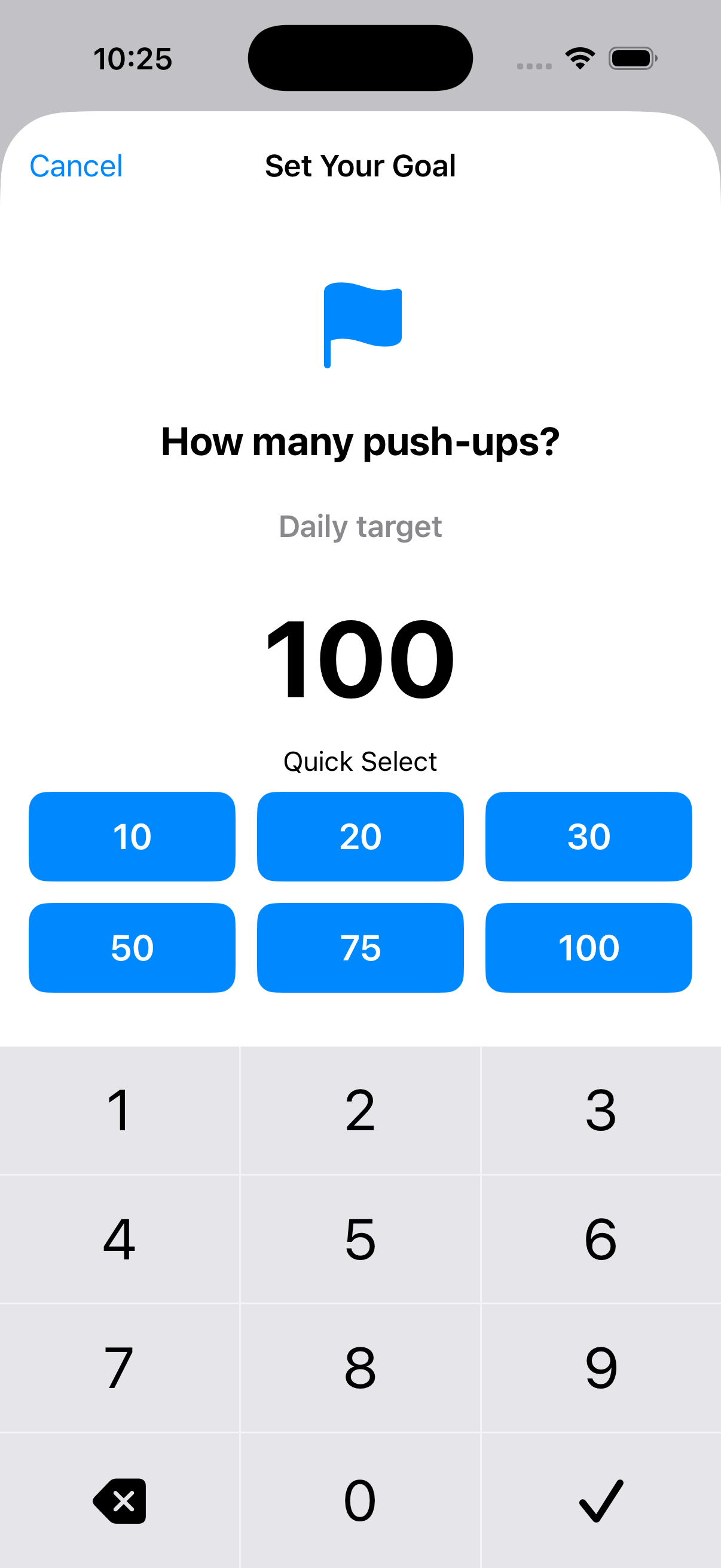 RepsDaily set goal screen with daily target options