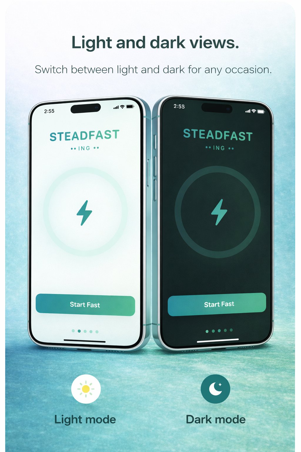 Steadfasting shown in both light and dark mode, with the Start Fast screen displayed side by side