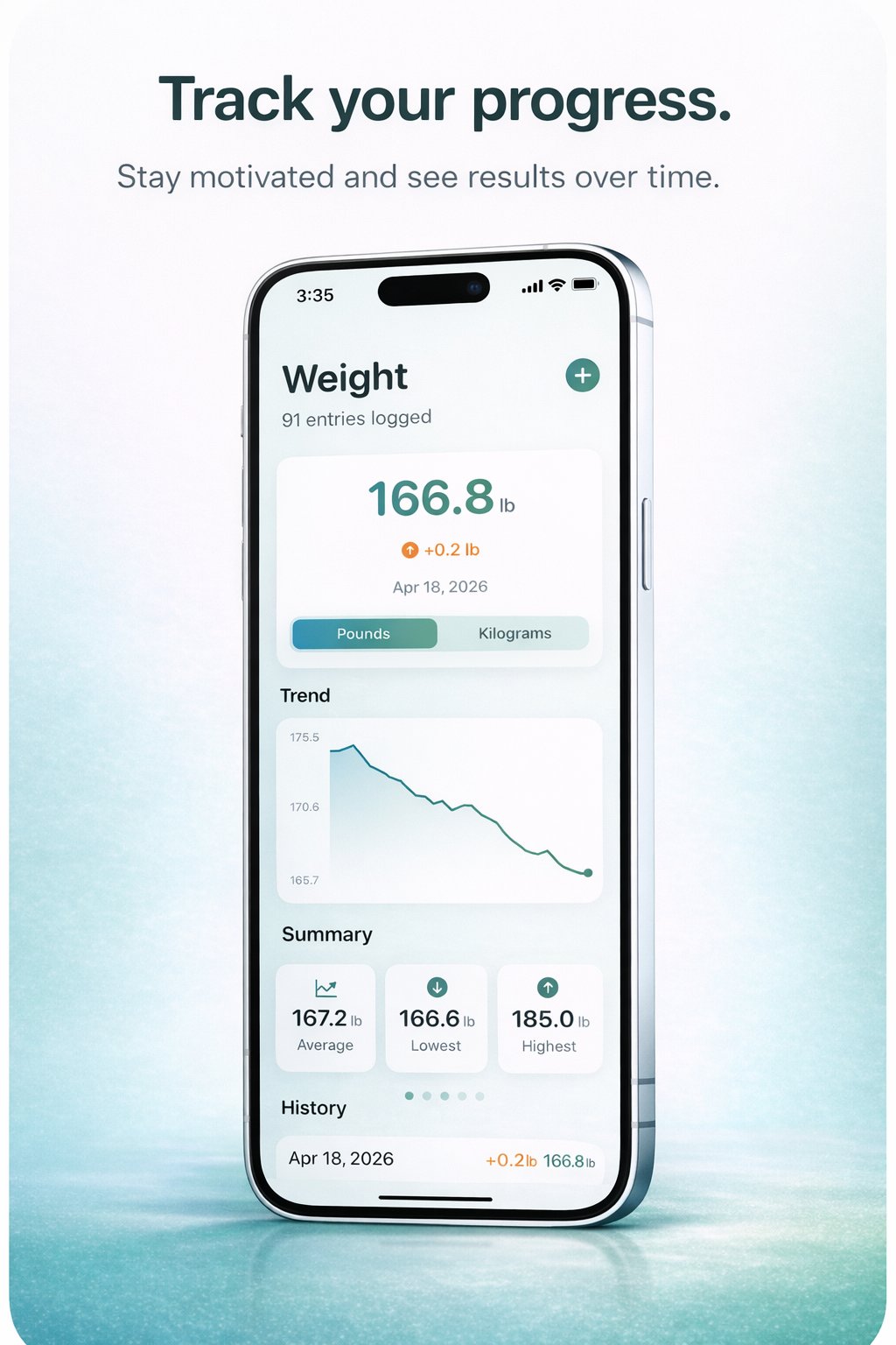 Weight tracking screen showing 166.8 lb with trend graph, summary stats for average, lowest, and highest weight