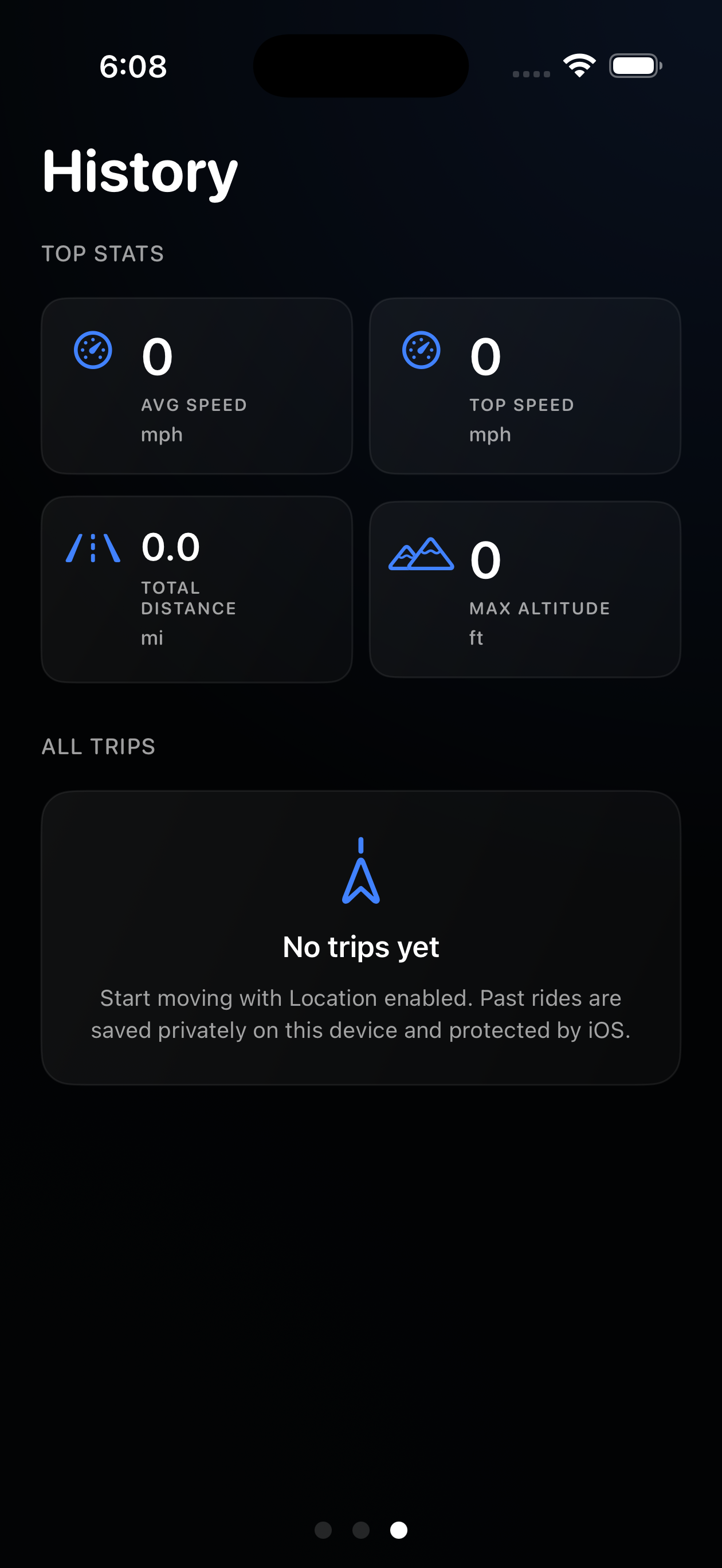 Velocity history screen with top stats and all trips