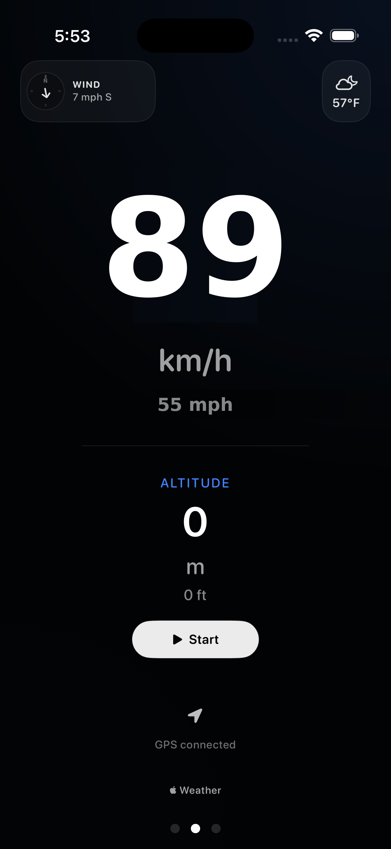 Velocity speedometer showing mph and km/h together