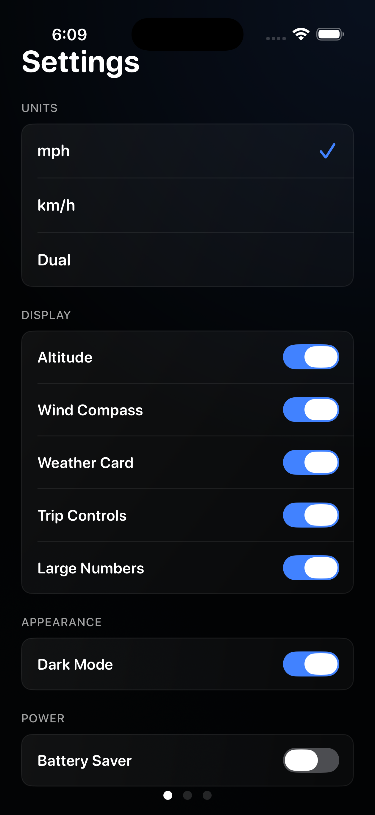 Velocity settings screen with display toggles