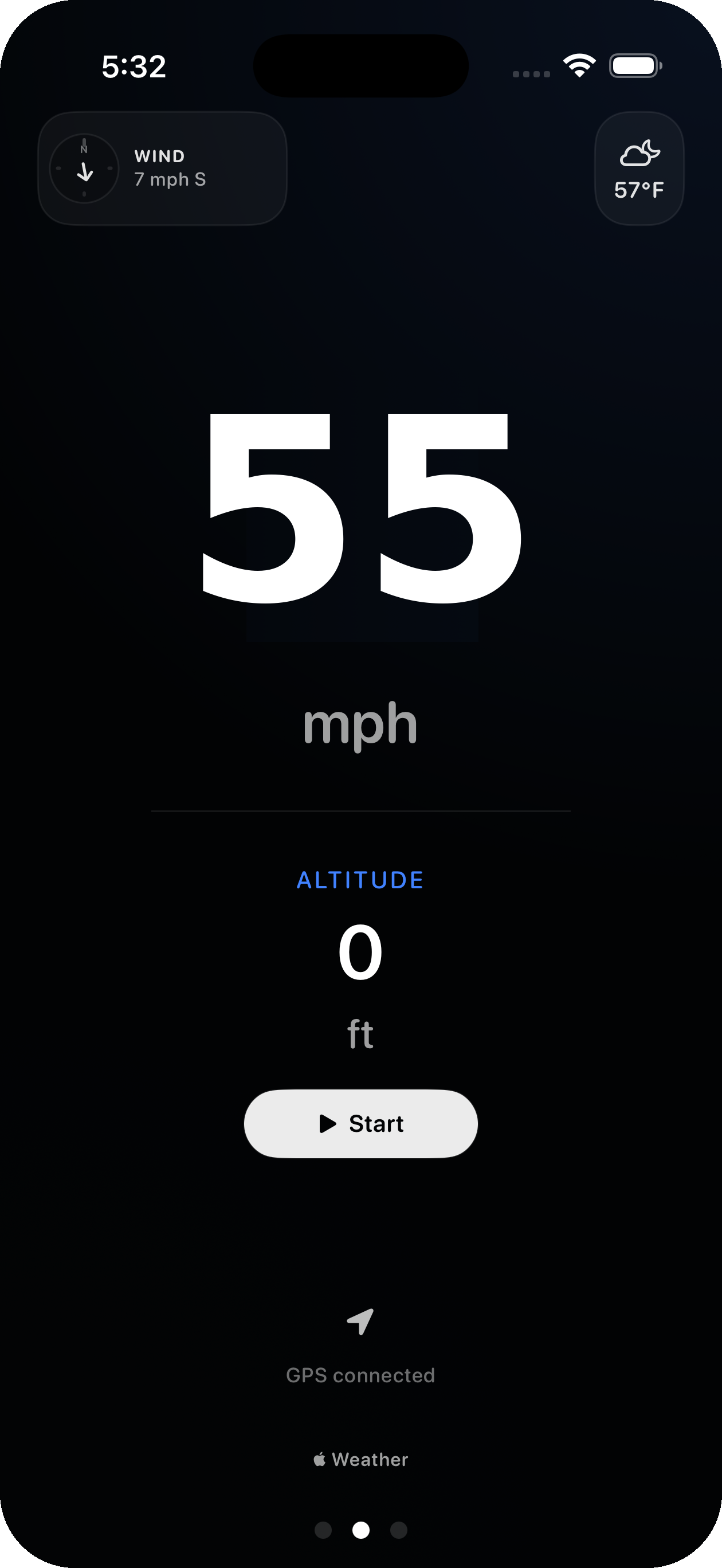 Velocity speedometer showing live speed, altitude, weather and GPS status